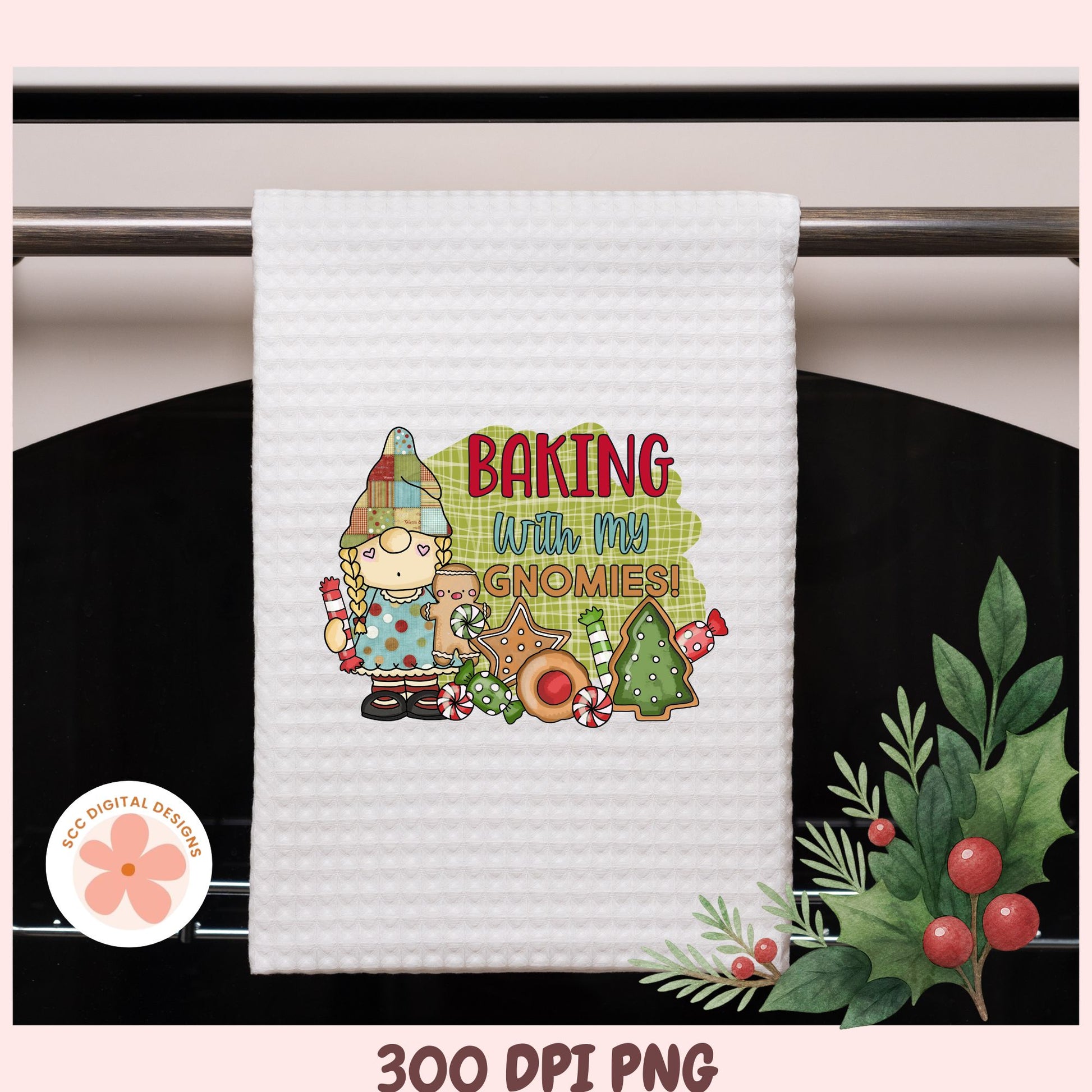 White towel with a cartoon character and text 'Baking with my Gnomies!' on a stove.