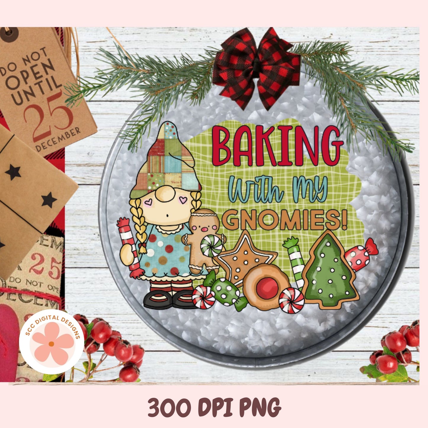 Decorative round sign with a gnome illustration and text 'Baking with my Gnomies' on a wooden background.