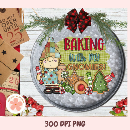 Decorative round sign with a gnome illustration and text 'Baking with my Gnomies' on a wooden background.