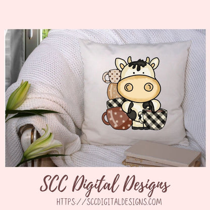 Barista Cows PNG, Black and White Coffee Cow for Stickers for Girlfriend, Cow Clipart for T-Shirt for Women, Coffee Lover Scrapbook Elements