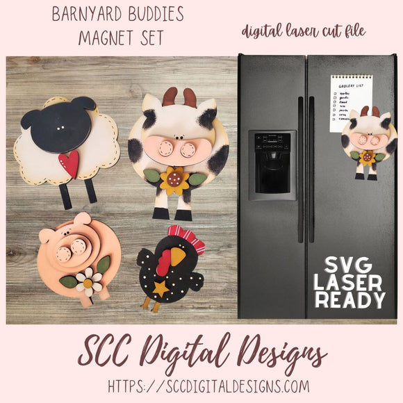 Sheep Cow Pig Chicken Barnyard Buddies SVG Magnet Set 4 designs for glowforge and laser cutters