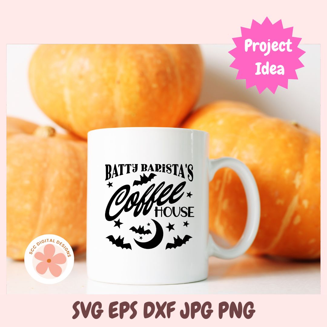 White mug with 'Batty Barista's Coffee House' text in front of pumpkins, with 'Project Idea' label.