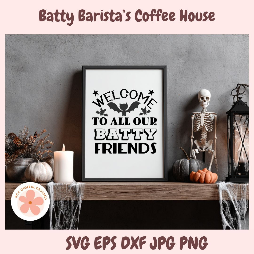 Framed Halloween sign with 'Welcome to all our batty friends' text, skeleton, pumpkins, and candle on a shelf.