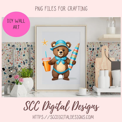 Beach Bears PNG, Whimsical Wildlife Digital Printable Sticker Set for Bullet Journal, Planner Accessories, Umbrella, Beach Ball Laptop Decal