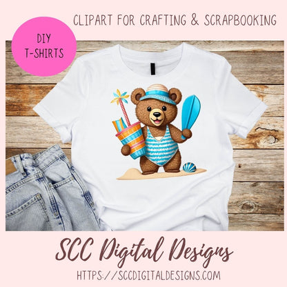 Beach Bears PNG, Whimsical Wildlife Digital Printable Sticker Set for Bullet Journal, Planner Accessories, Umbrella, Beach Ball Laptop Decal
