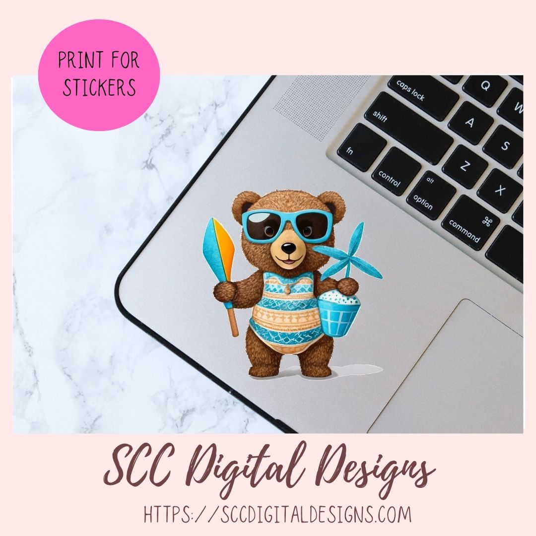 Beach Bears PNG, Whimsical Wildlife Digital Printable Sticker Set for Bullet Journal, Planner Accessories, Umbrella, Beach Ball Laptop Decal