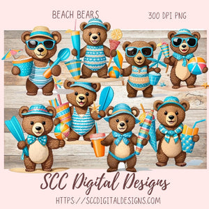 Beach Bears PNG, Whimsical Wildlife Digital Printable Sticker Set for Bullet Journal, Planner Accessories, Umbrella, Beach Ball Laptop Decal