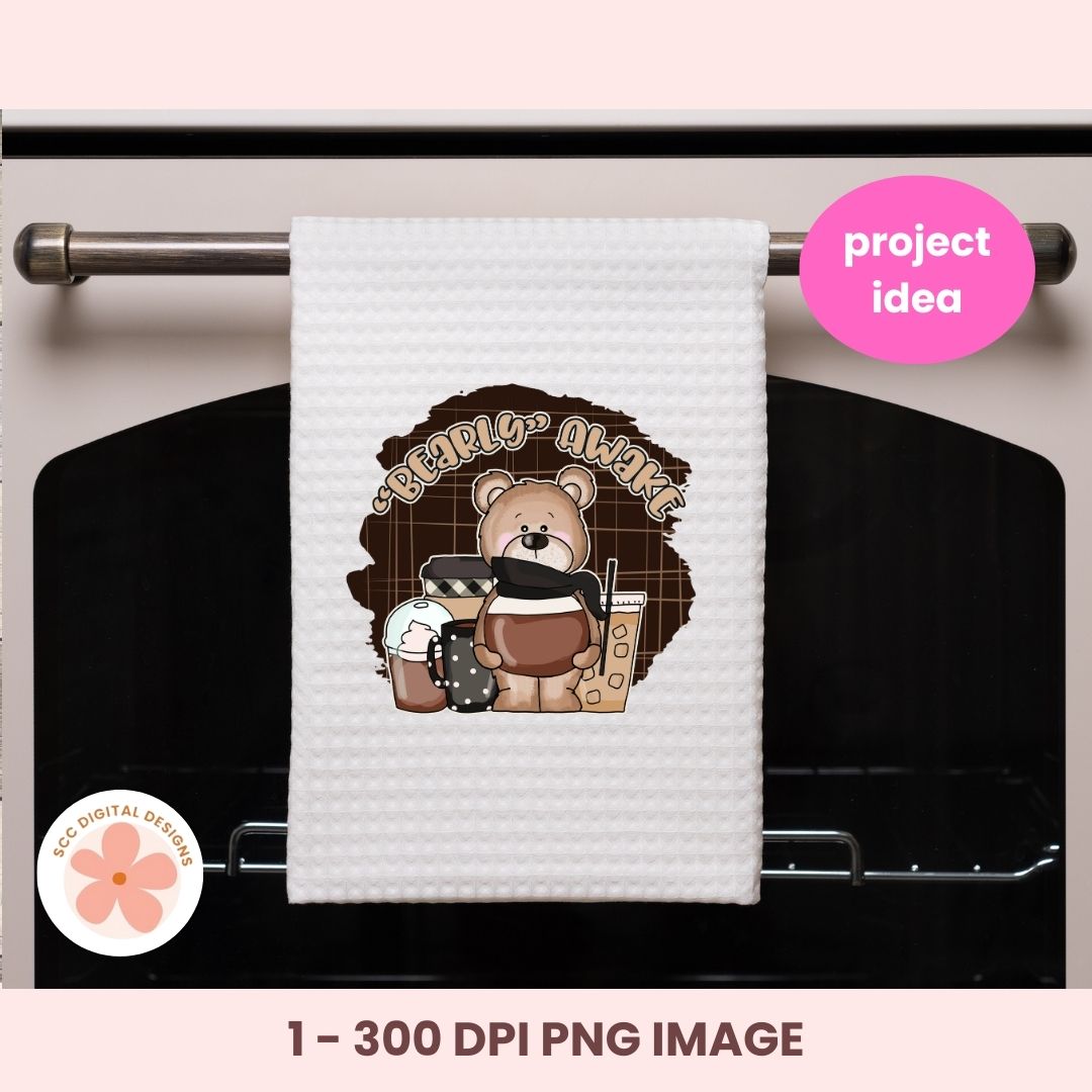 Bearly Awake Coffee Bear Clipart – Whimsical PNG for Sublimation, Digital Stickers, Scrapbooking & Paper Crafts