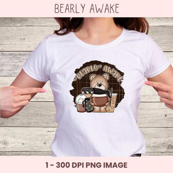 Bearly Awake Coffee Bear Clipart – Whimsical PNG for Sublimation, Digital Stickers, Scrapbooking & Paper Crafts