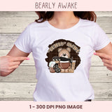 Bearly Awake Coffee Bear Clipart – Whimsical PNG for Sublimation, Digital Stickers, Scrapbooking & Paper Crafts