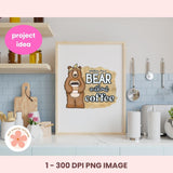 Framed artwork of a bear with text in a kitchen setting, featuring a 'project idea' label.