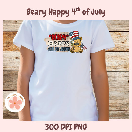 White t-shirt with a bear-themed 4th of July design on a wooden background