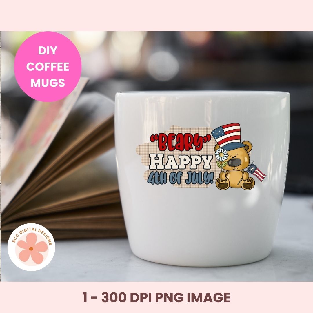 White coffee mug with a bear design and text 'Happy 4th of July!' on a blurred background.
