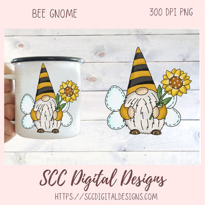 Bee gnome png files for wind spinners, sunflower gnome sublimation designs for shirts png designs, garden gnome clip art for commercial use