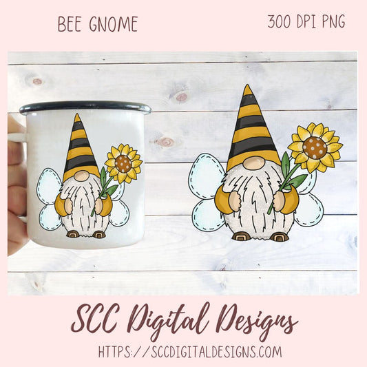 Bee gnome png files for wind spinners, sunflower gnome sublimation designs for shirts png designs, garden gnome clip art for commercial use