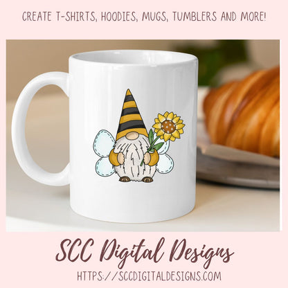 Bee gnome png files for wind spinners, sunflower gnome sublimation designs for shirts png designs, garden gnome clip art for commercial use