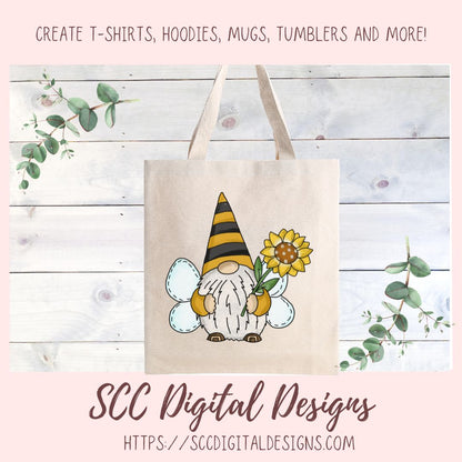 Bee gnome png files for wind spinners, sunflower gnome sublimation designs for shirts png designs, garden gnome clip art for commercial use