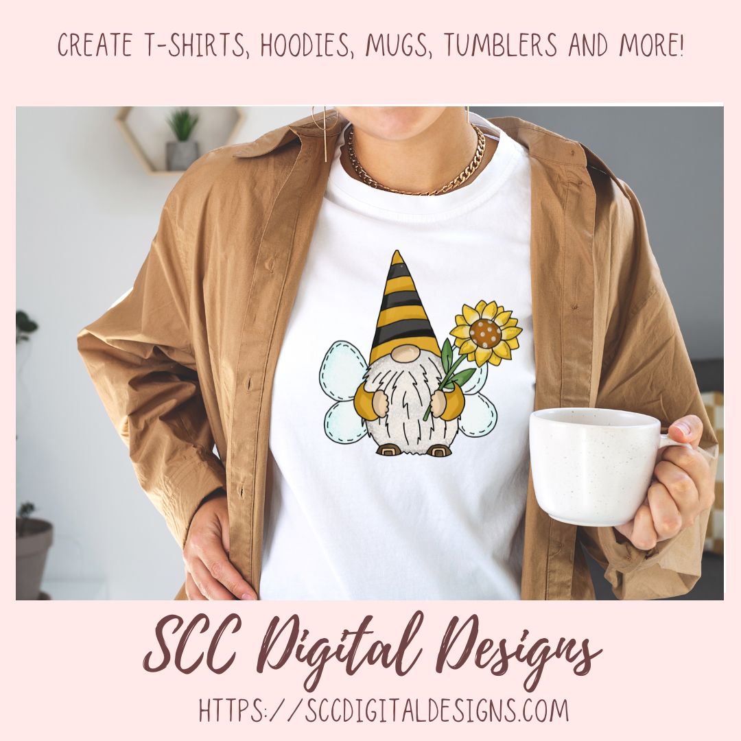 Bee gnome png files for wind spinners, sunflower gnome sublimation designs for shirts png designs, garden gnome clip art for commercial use