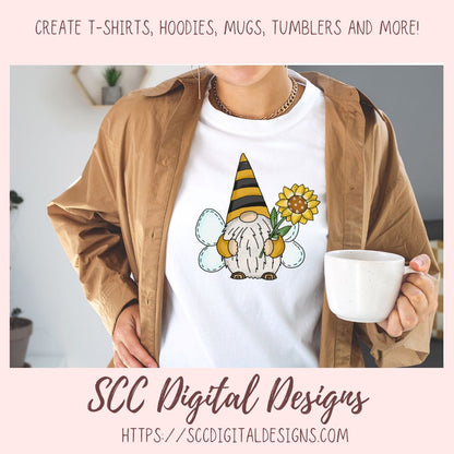 Bee gnome png files for wind spinners, sunflower gnome sublimation designs for shirts png designs, garden gnome clip art for commercial use