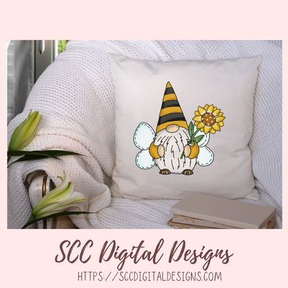 Bee gnome png files for wind spinners, sunflower gnome sublimation designs for shirts png designs, garden gnome clip art for commercial use