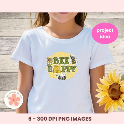White t-shirt with 'BEE HAPPY' design on a wooden background