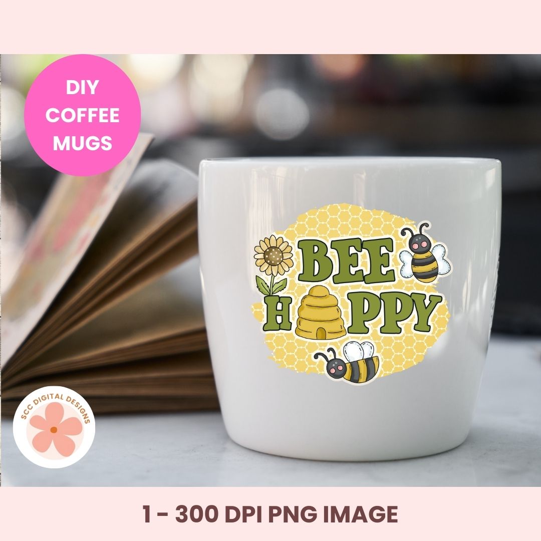 White mug with 'Bee Happy' design on a blurred background