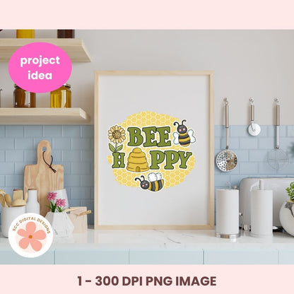 Framed 'Bee Happy' artwork on a kitchen counter with a pink 'project idea' label.
