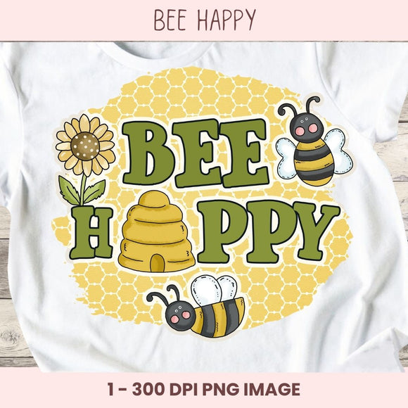 White t-shirt with 'BEE HAPPY' text and bee illustrations on a honeycomb pattern.