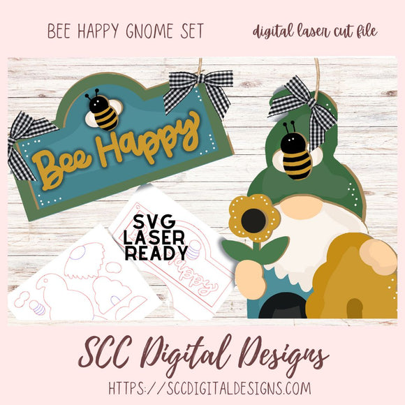 Bee Happy Gnome Sign Set 3D SVG for Glowforge and Laser Cutter Design, Bumble Bees & a Gnome with Bees and Beehive, Instant Download Commerical Use Art