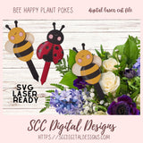 Bee Happy Plant Poke Set 3D SVG for Glowforge and Laser Cutter Design, Bumble Bee & Lady Bug Plant Spikes, Instant Download Commerical Use Art