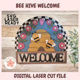 Decorative welcome sign with bees and flowers on a wooden background, featuring text about SVG laser readiness.