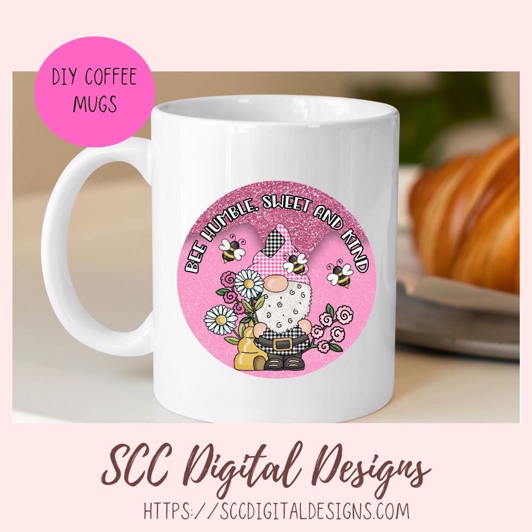 Bee Humble Gnome, Sweet & Kind Sublimation Clipart for Stickers for Kids, Pink Glitter Spring PNG for T-Shirts and Mugs for Women, Wall Art for Girls Room
