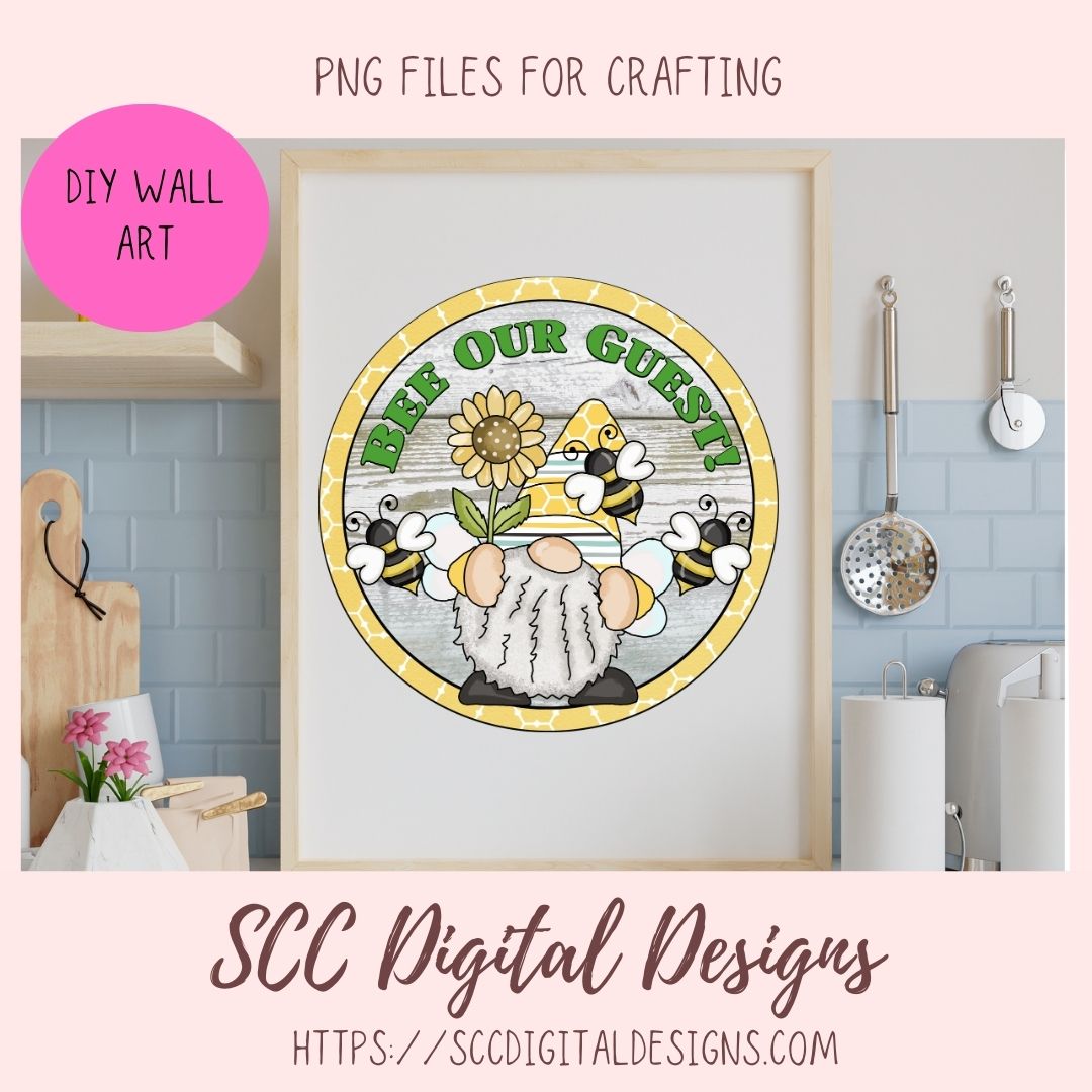 Bee Our Guest Gnome Clipart, Bees, Sunflower Farmhouse Wall Art DIY Welcome Mat for Mom, Clip Art PNG Images for Stickers and Paper Crafting