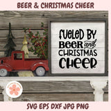 Decorative sign with 'Fueled by Beer and Christmas Cheer' text, red truck, and Christmas tree on a wooden background.
