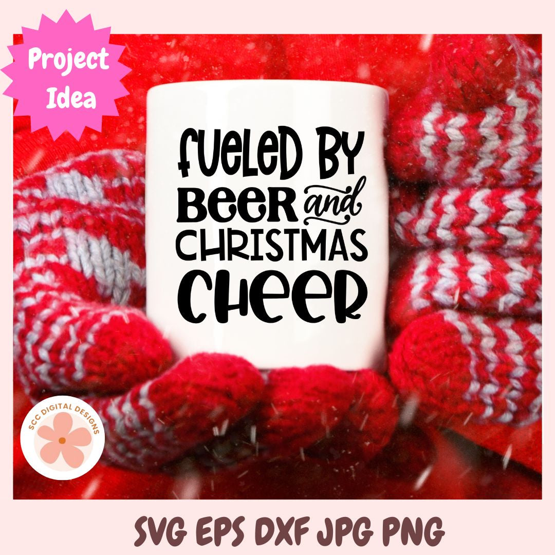 White mug with 'Fueled by Beer and Christmas Cheer' text, surrounded by red and white striped fabric.