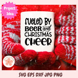 White mug with 'Fueled by Beer and Christmas Cheer' text, surrounded by red and white striped fabric.