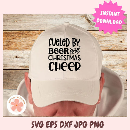 Beige cap with 'Fueled by Beer and Christmas Cheer' text on a wooden background