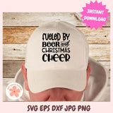 Beige cap with 'Fueled by Beer and Christmas Cheer' text on a wooden background