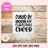 Koozie with 'Fueled by Beer and Christmas Cheer' text on a wooden background, with digital file formats listed.