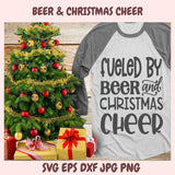 T-shirt with 'Fueled by Beer and Christmas Cheer' text next to a decorated Christmas tree and presents.