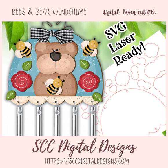 Bees & Bear Windchime 3D SVG for Glowforge and Laser Cutter Design, Bumble Bees & Whimsical Bear Wind Chime, Instant Download Commerical Use Art