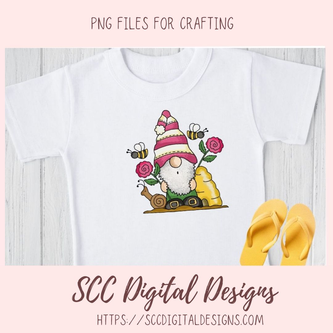 Whimsical Gnome PNG for Stickers and Tumblers Bumble Bees & Roses Clipart for T-Shirts for Women, Spring Clip Art Design for Tees for Girls
