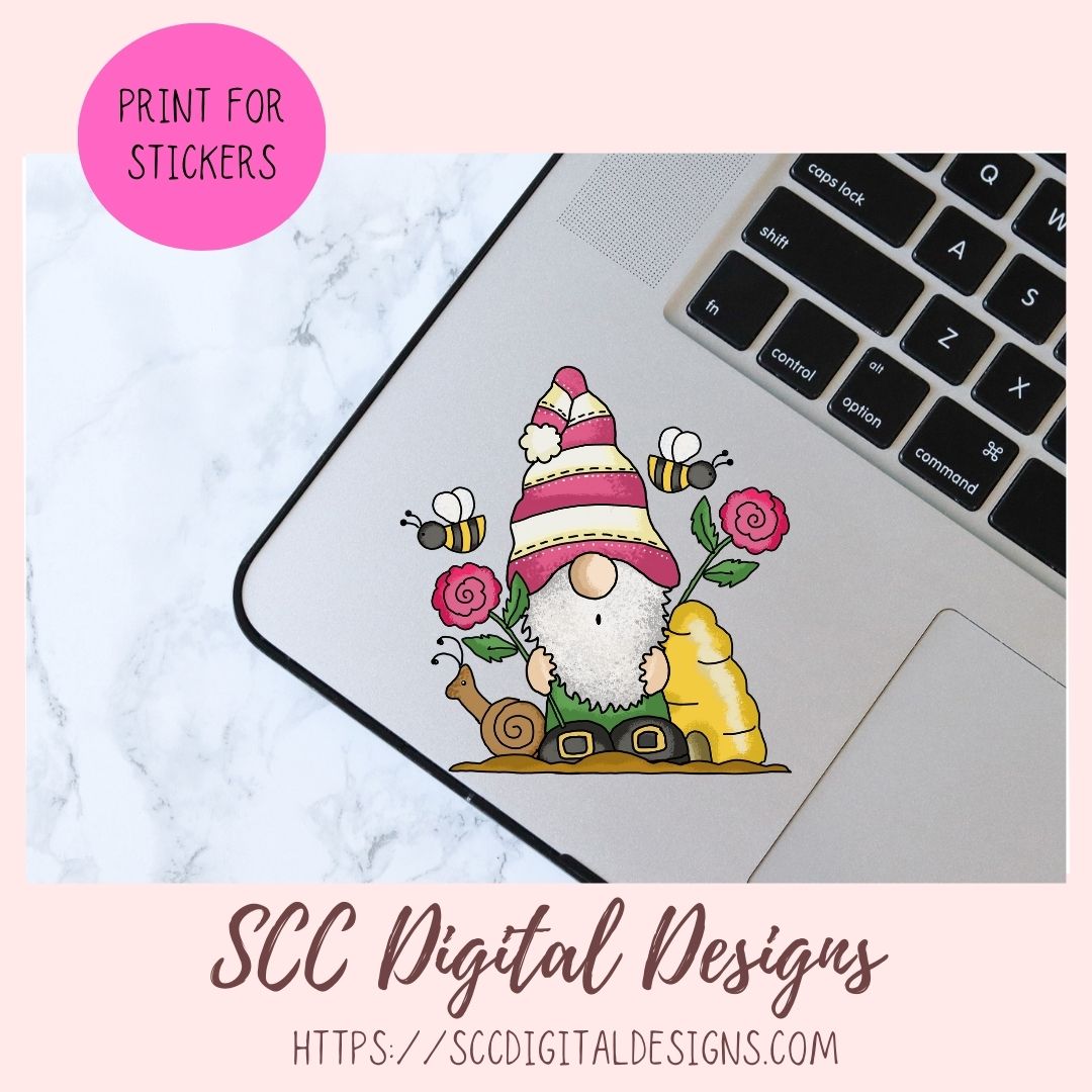 Whimsical Gnome PNG for Stickers and Tumblers Bumble Bees & Roses Clipart for T-Shirts for Women, Spring Clip Art Design for Tees for Girls