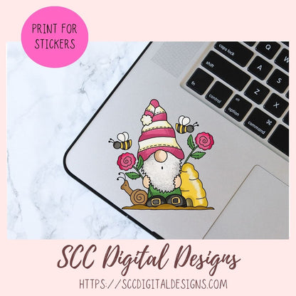 Whimsical Gnome PNG for Stickers and Tumblers Bumble Bees & Roses Clipart for T-Shirts for Women, Spring Clip Art Design for Tees for Girls