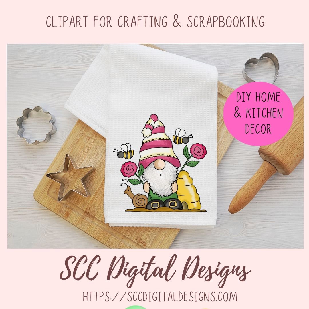 Whimsical Gnome PNG for Stickers and Tumblers Bumble Bees & Roses Clipart for T-Shirts for Women, Spring Clip Art Design for Tees for Girls