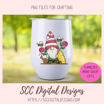 Whimsical Gnome PNG for Stickers and Tumblers Bumble Bees & Roses Clipart for T-Shirts for Women, Spring Clip Art Design for Tees for Girls