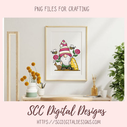 Whimsical Gnome PNG for Stickers and Tumblers Bumble Bees & Roses Clipart for T-Shirts for Women, Spring Clip Art Design for Tees for Girls