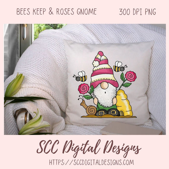 Whimsical Gnome PNG for Stickers and Tumblers Bumble Bees & Roses Clipart for T-Shirts for Women, Spring Clip Art Design for Tees for Girls