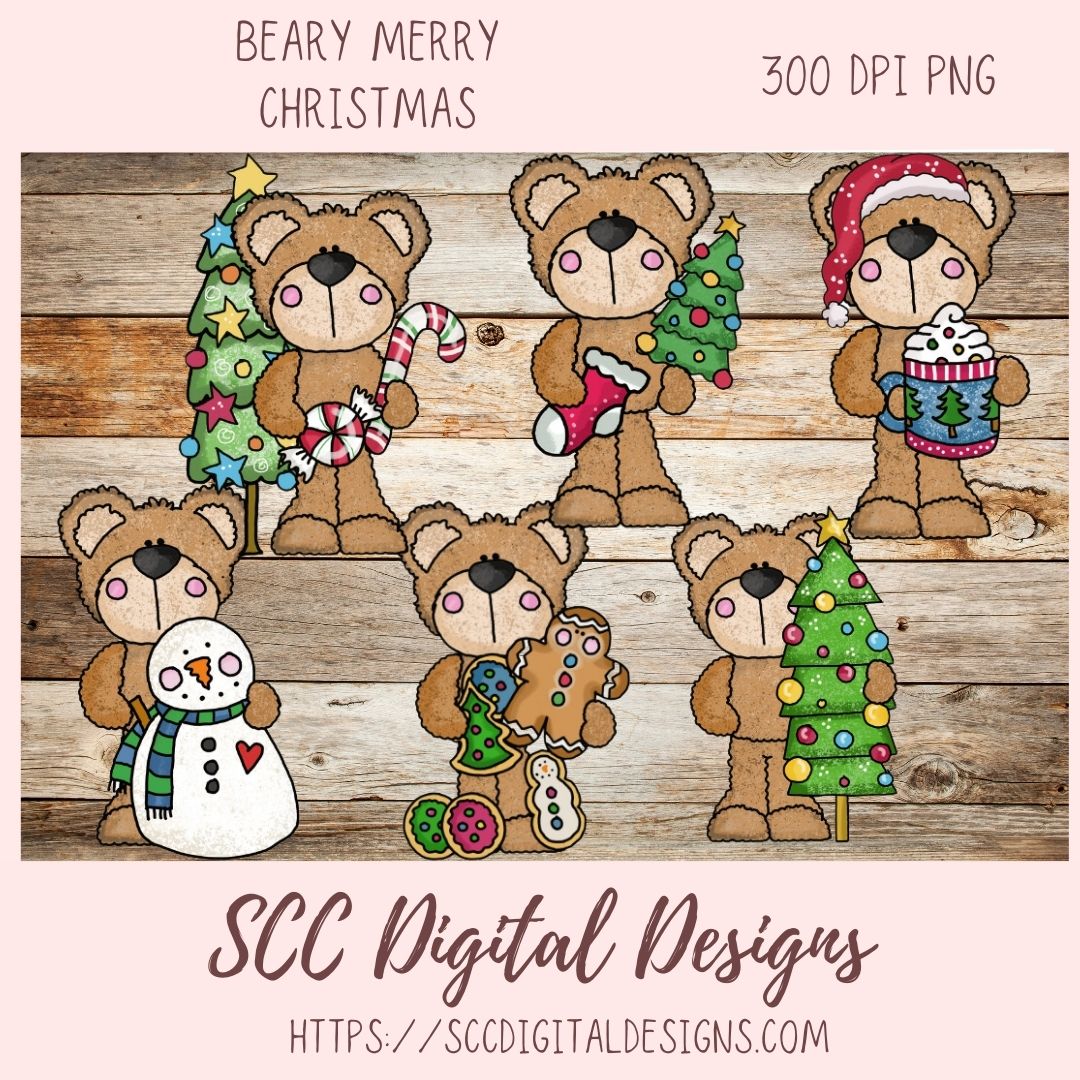 Beary Merry Christmas PNG, Holiday Tree, Gingerbread Cookie, Cocoa Mug & Snowman Clip Art for Paper Crafts, Whimsical Wildlife for Wall Art