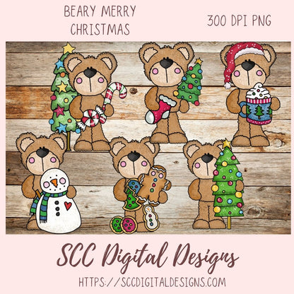 Beary Merry Christmas PNG, Holiday Tree, Gingerbread Cookie, Cocoa Mug & Snowman Clip Art for Paper Crafts, Whimsical Wildlife for Wall Art